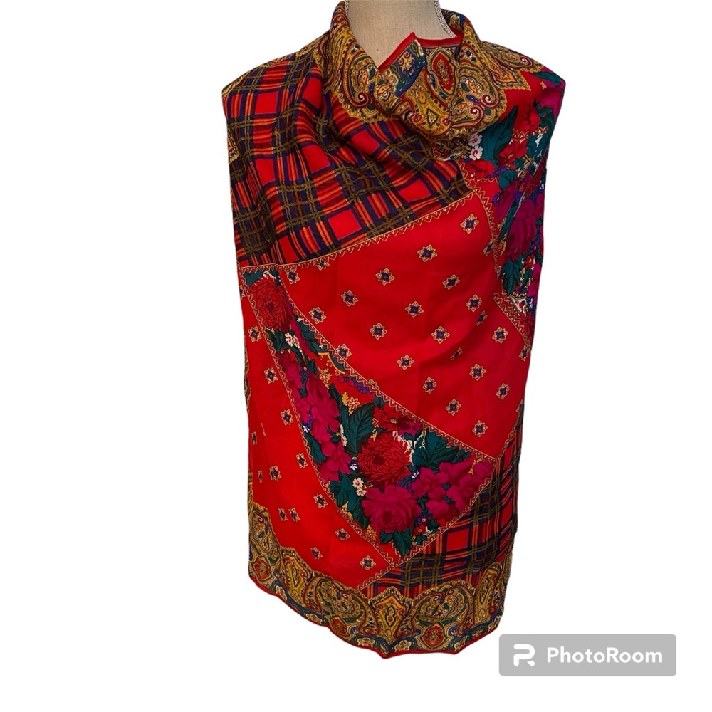 ECHO SCARF VINTAGE RED BLUE MULTI SQUARE PLAID FLORAL PAISLEY WOOL COTTAGE CORE